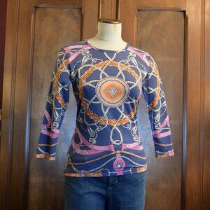 J. McLaughlin - Purple & Gold Chain & Rope Print Long Sleeve Blouse Size S